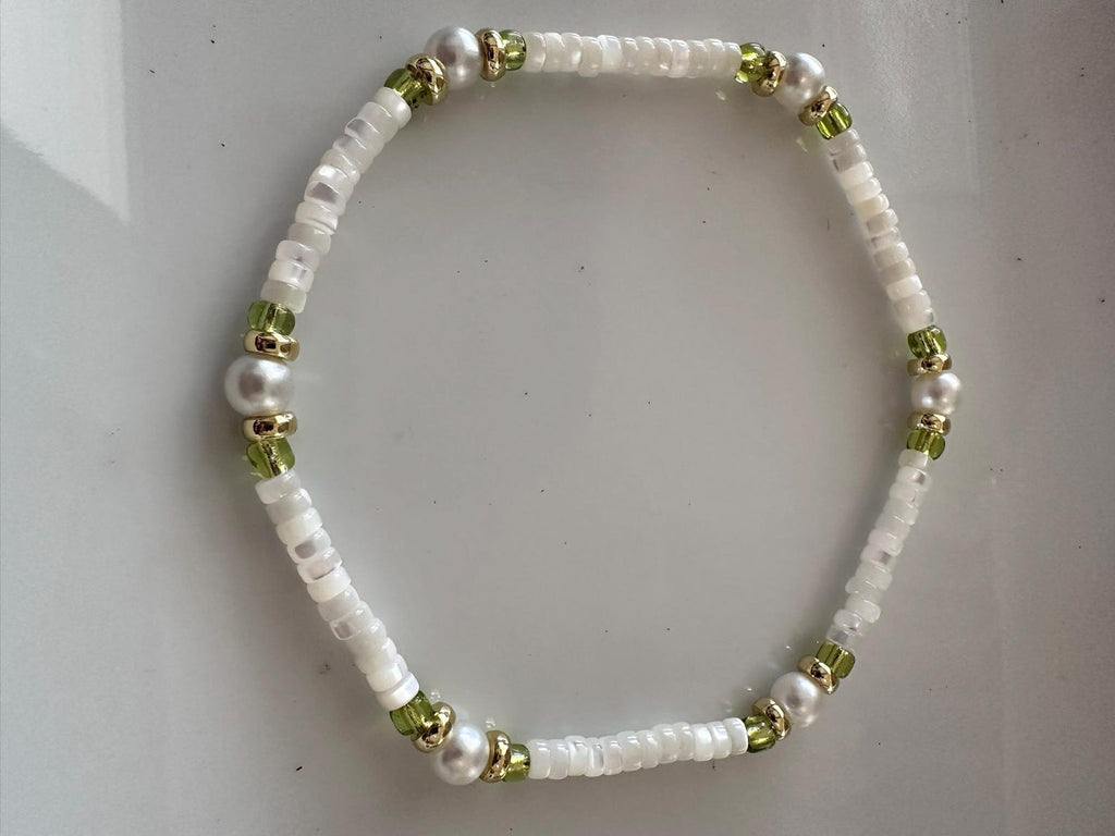 Hannah Anklet - White Shell Anklet with Lime Green Glass Beads