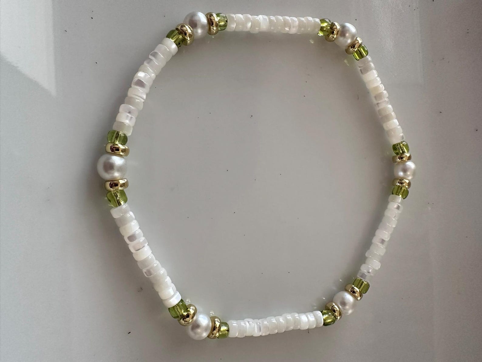 Hannah Anklet - White Shell Anklet with Lime Green Glass Beads