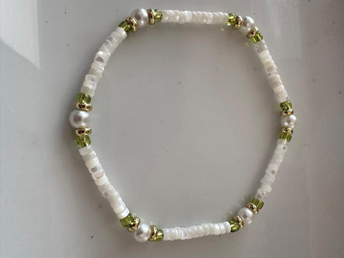 Hannah Anklet - White Shell Anklet with Lime Green Glass Beads