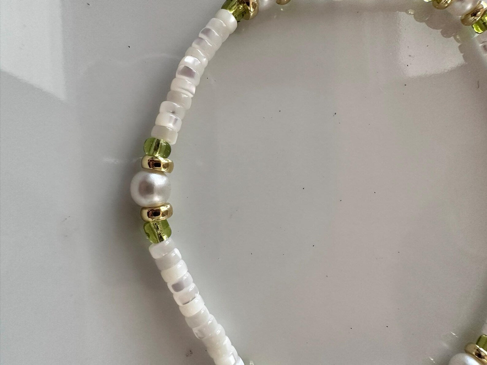 Hannah Anklet - White Shell Anklet with Lime Green Glass Beads