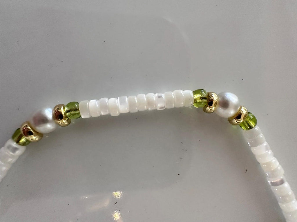 Hannah Anklet - White Shell Anklet with Lime Green Glass Beads